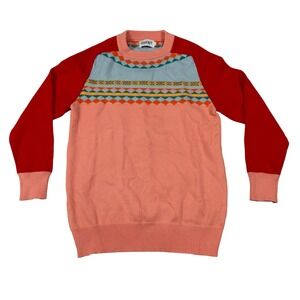 OXKNIT Womens Colorblock Fair Isle Sweater Peach Red Geometric Knit Pullover L